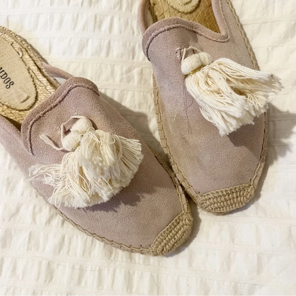 Soludos Peony Pink Suede Tassel Espadrille Mule Slip-On Flats Sandals 7